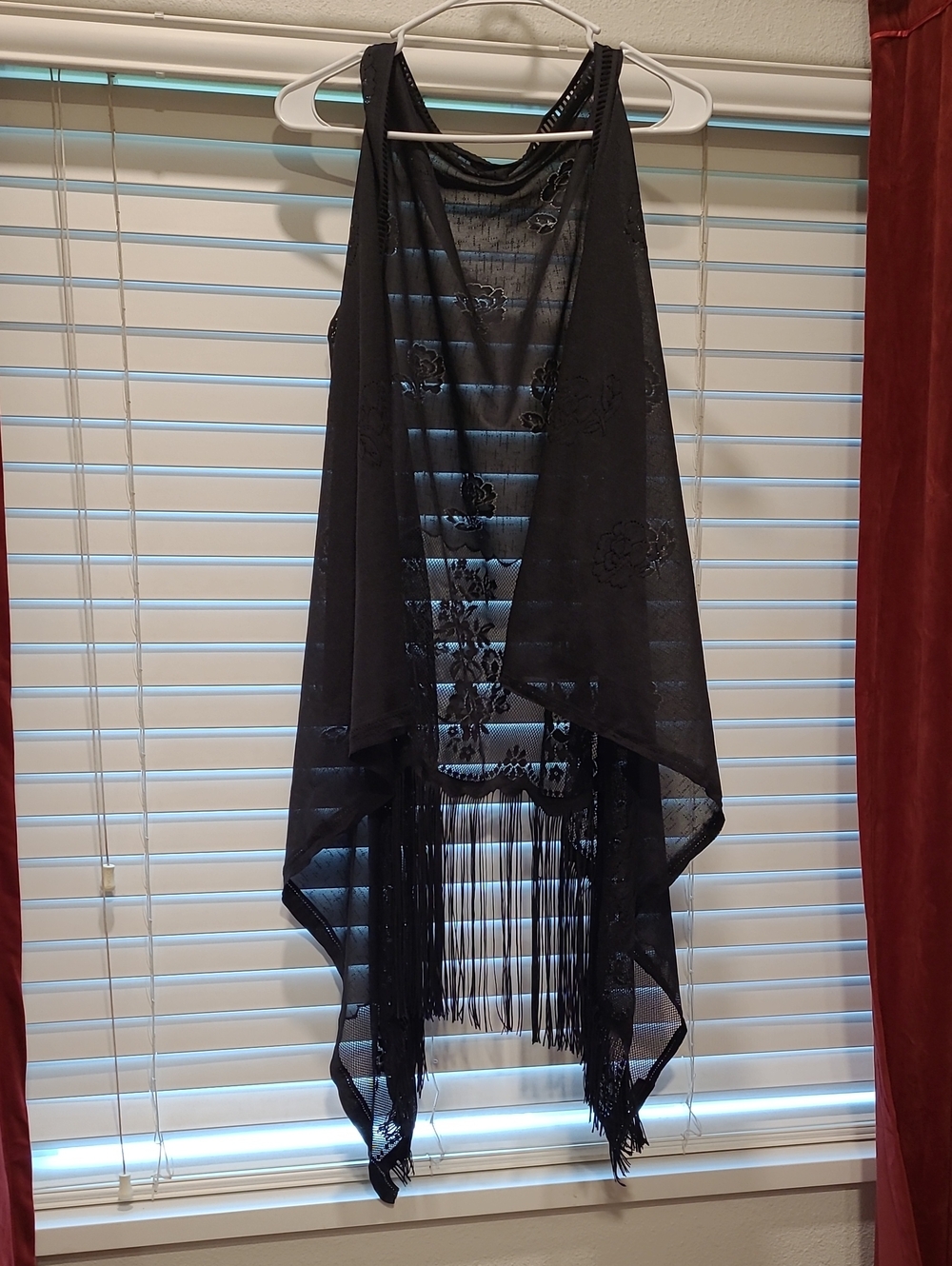 Black Shawl Scarf Lace Embroidery Fringe Sleeveless Long Floral Women Wrap